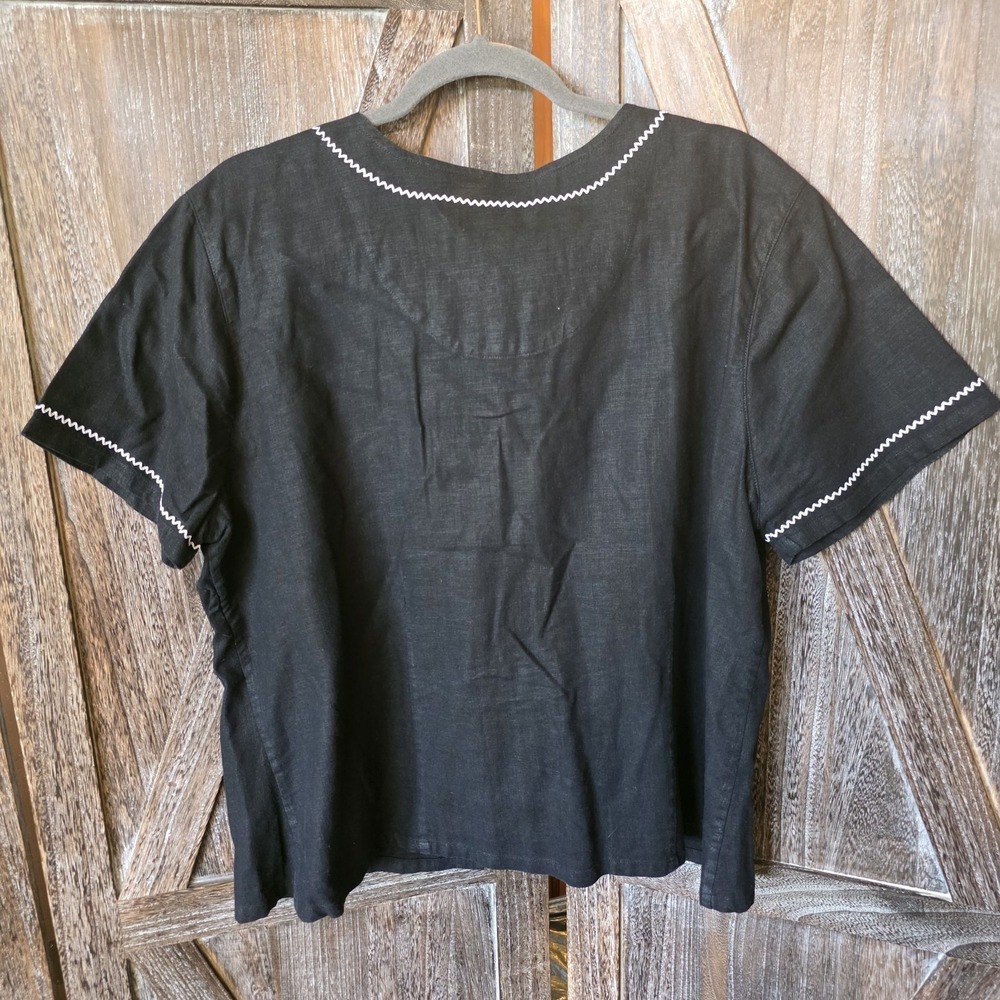 CJ Banks Shirt Women's Size 1X Black Short Sleeve Button Up Linen Rayon Blend - Picture 3 of 7